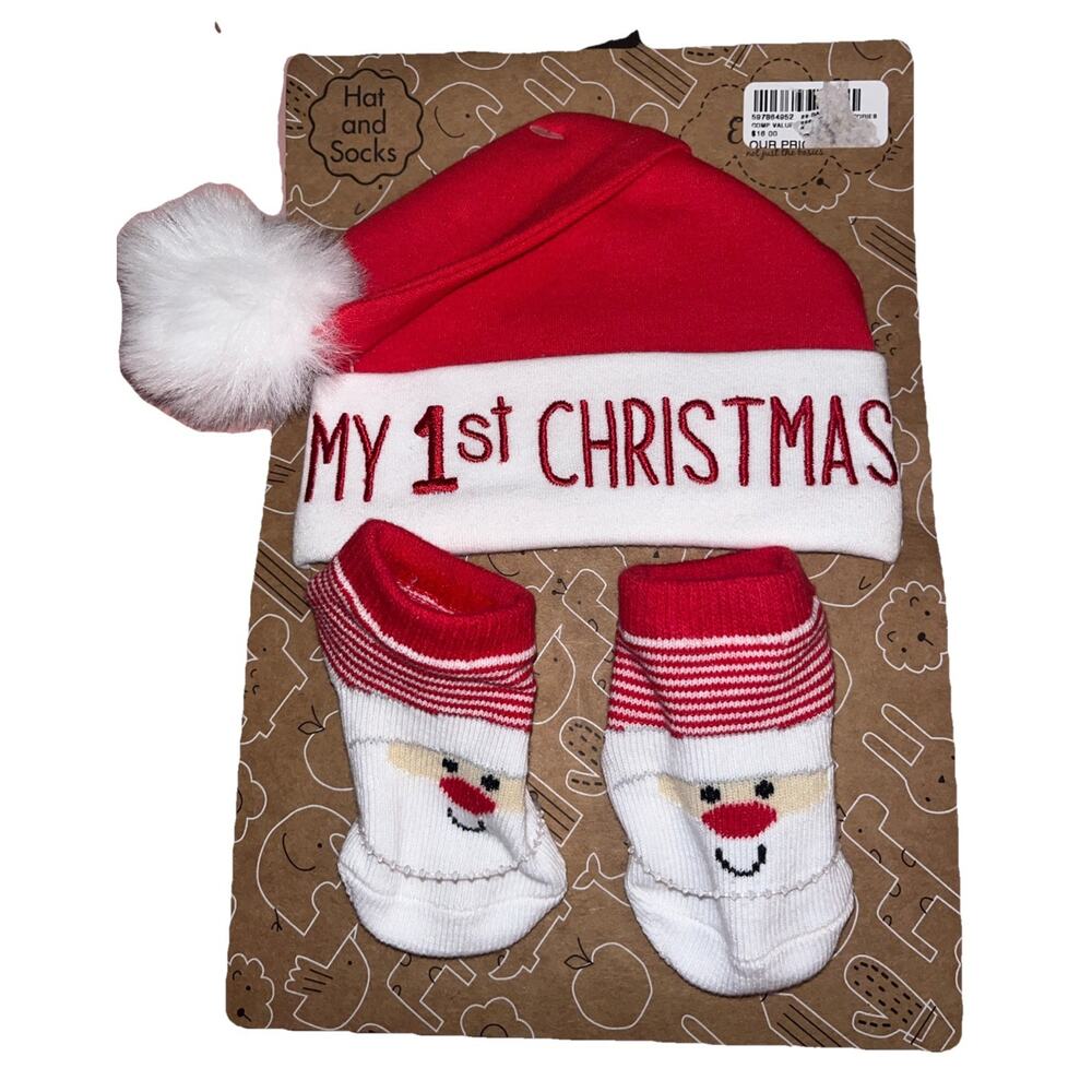 NWT BABY ESSENTIALS MY FIRST CHRISTMAS SANTA HAT AND SOCKS 0-6 Month Santa Xmas